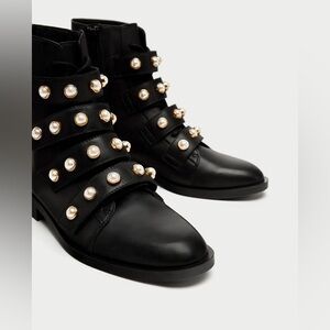 Zara Pearl Embellished Biker Boots